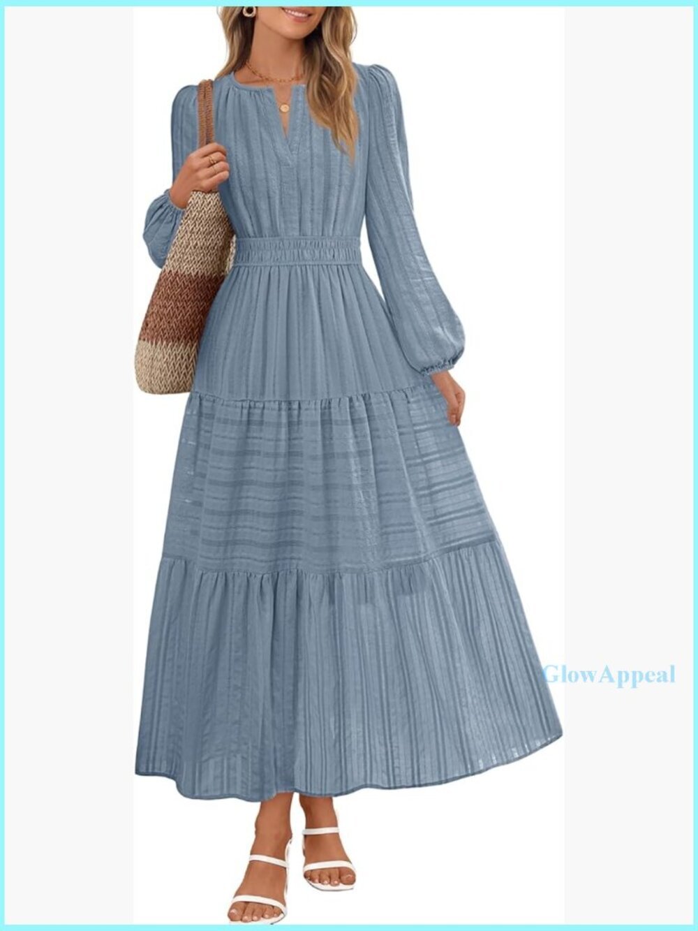Long Sleeve V Neck Tiered Cotton Maxi Dress with Pockets